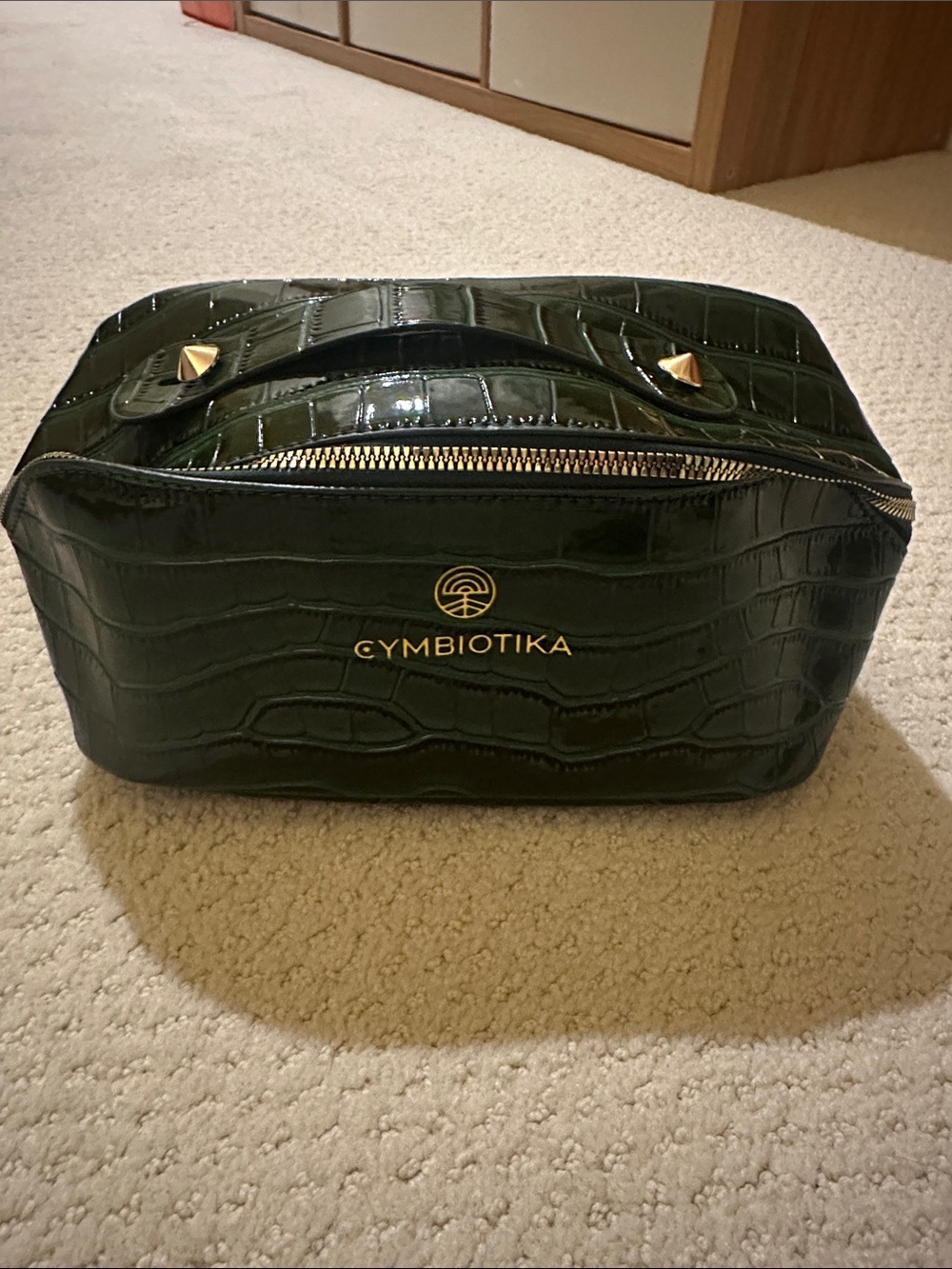 Croc-Embossed Dark Green Cosmetic Case with Gold Hardware